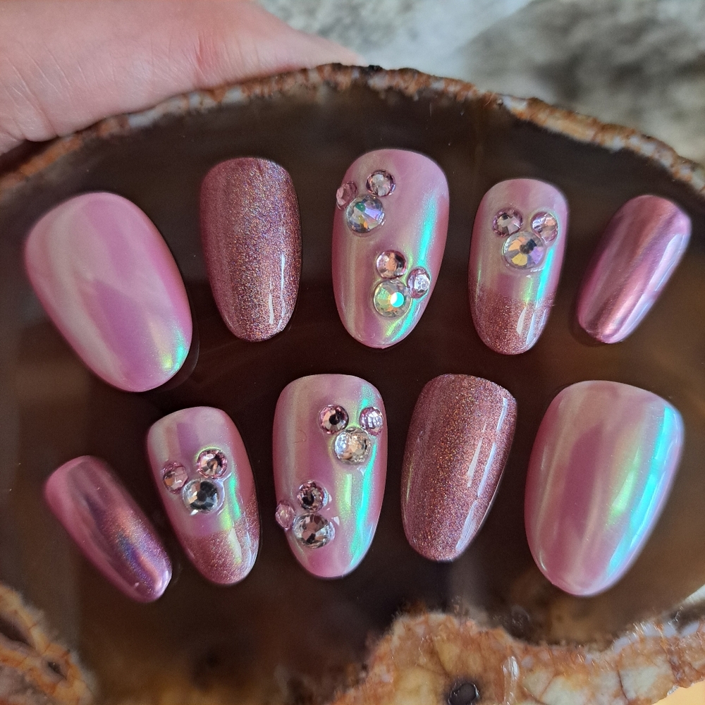 Aurora Pink Disney Mickey Almond Hand Painted Quality Reusable Press On Nails